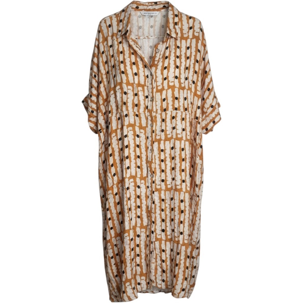 Lanhtropy Linen Button Down Shirt Dress Mustard Yellow Geometric Print L/XL